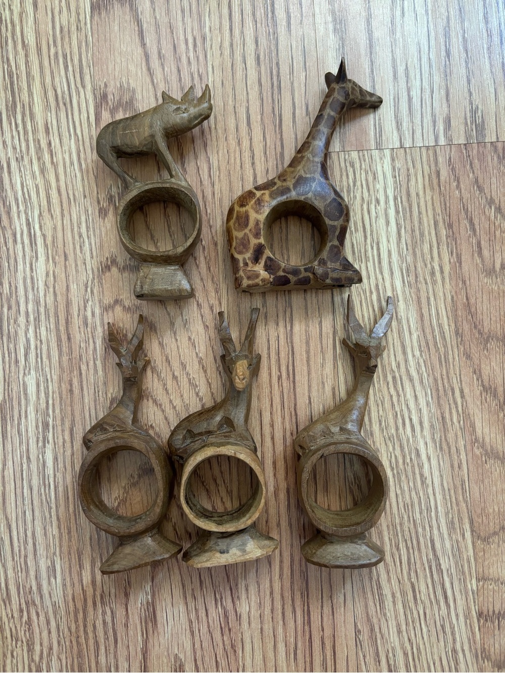 Hand-Carved Animal Napkin Rings Set — Brown Wood Safari Motif